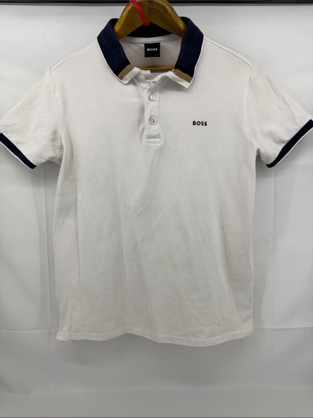 BOSS Kidswear Boys White Polo Shirt w/ Navy & Tan Collar, sz M